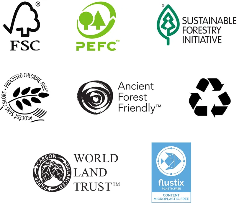 Sustainability Solutions: FSC, PEFC, Sustainable Forestry Initiative, Processed Chlorine Free, Ancient Forest Friendly, Recycle, World Land Trust, And Flustix Logos